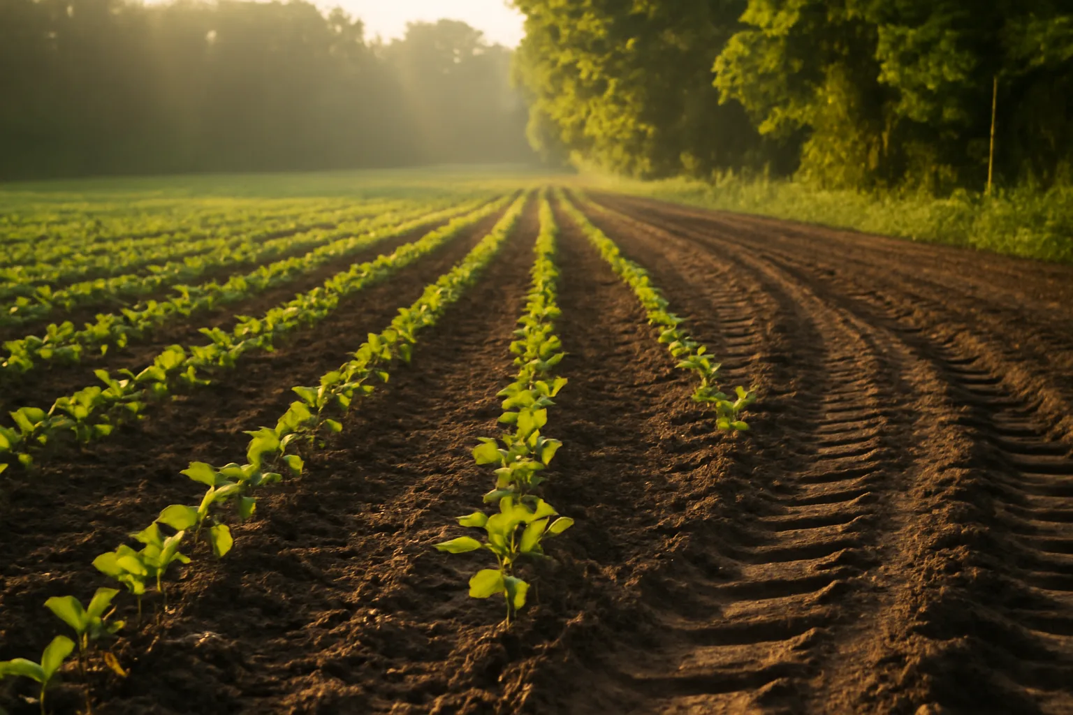 Young soybean rows emerging in a freshly tilled deer food plot at dusk