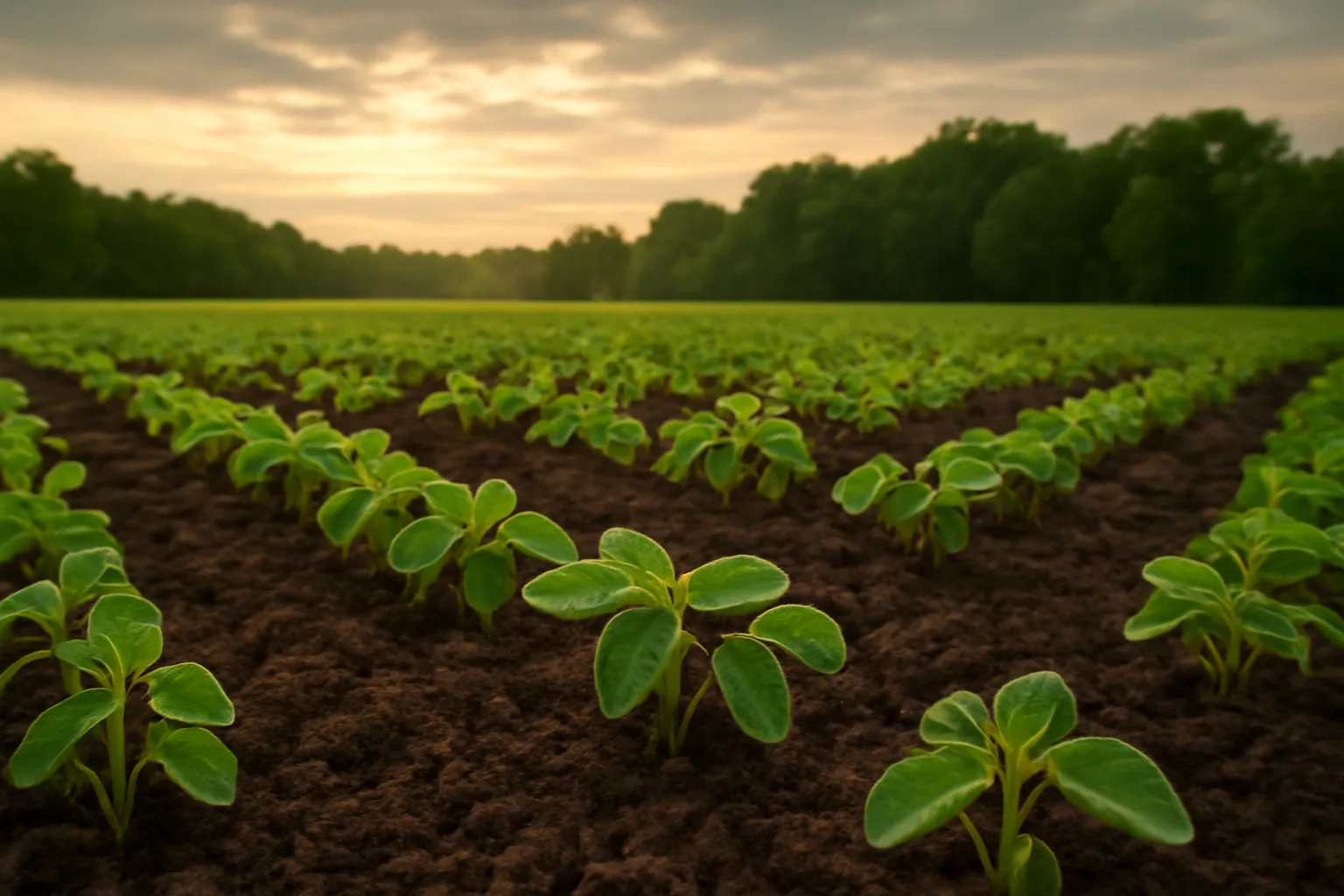 Young soybean seedlings emerging in rows on a freshly tilled deer food plot