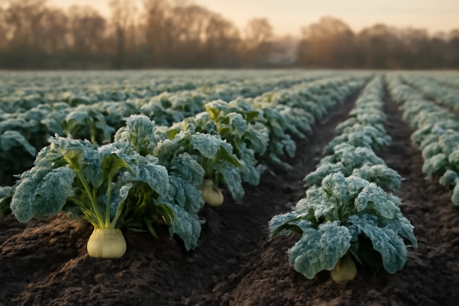 Frost-covered turnip food plot rows at the edge of a hardwood tree line