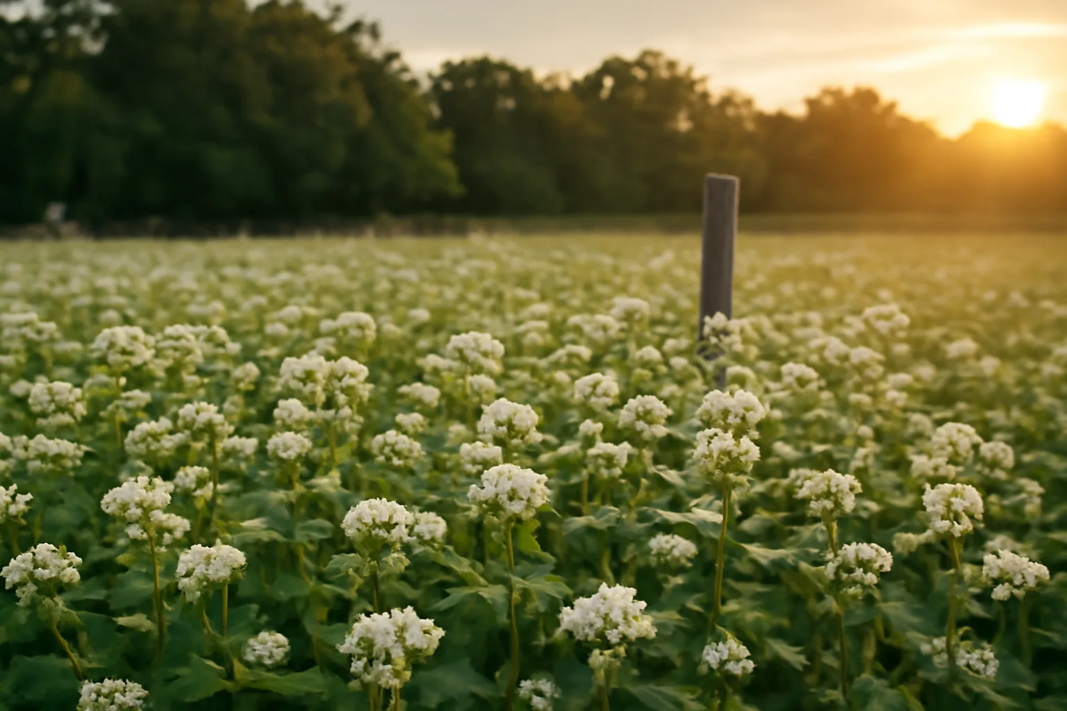 Flowering buckwheat food plot at golden hour with tree line in background