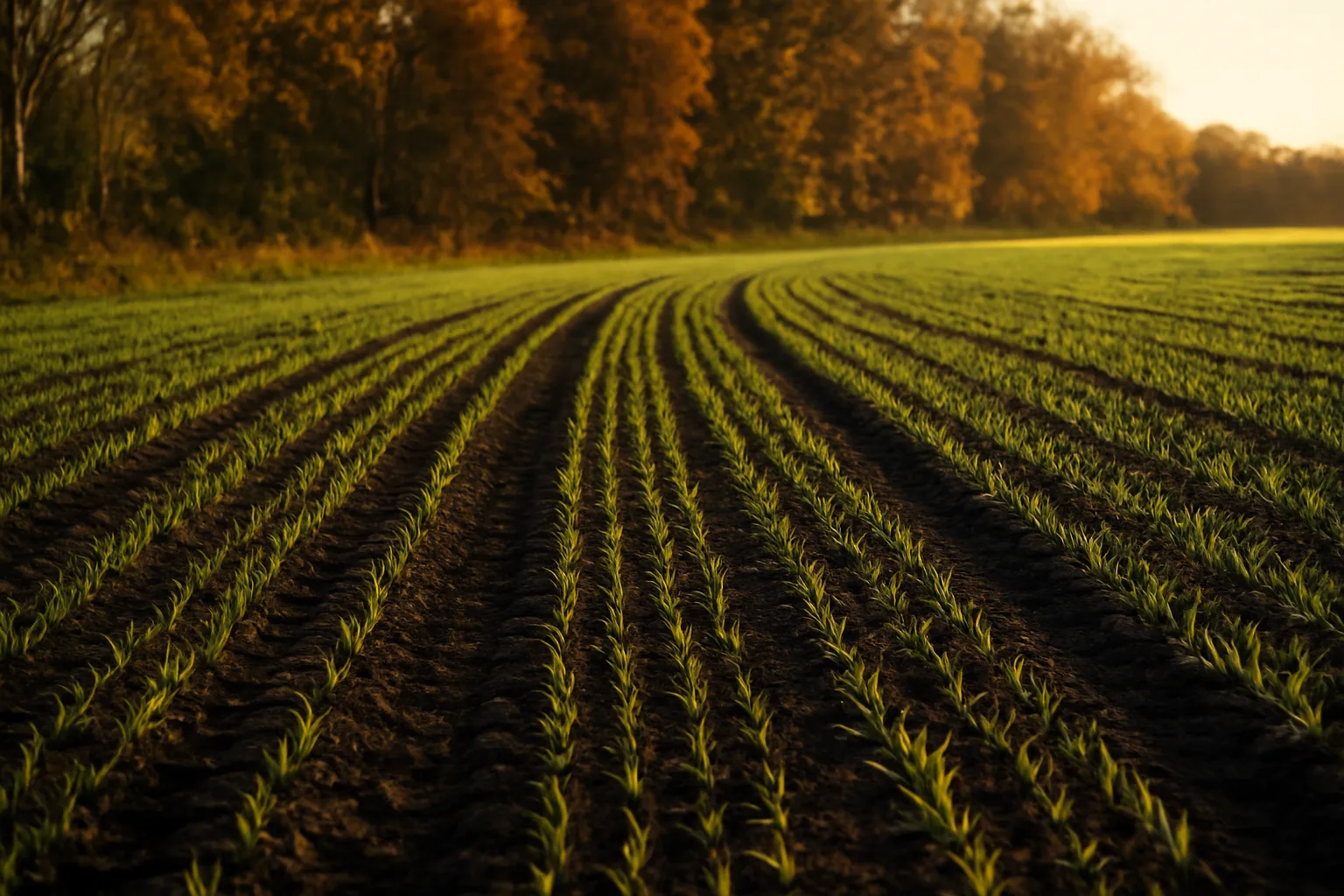 Freshly planted deer food plot at sunset with tractor tracks and hardwood edge