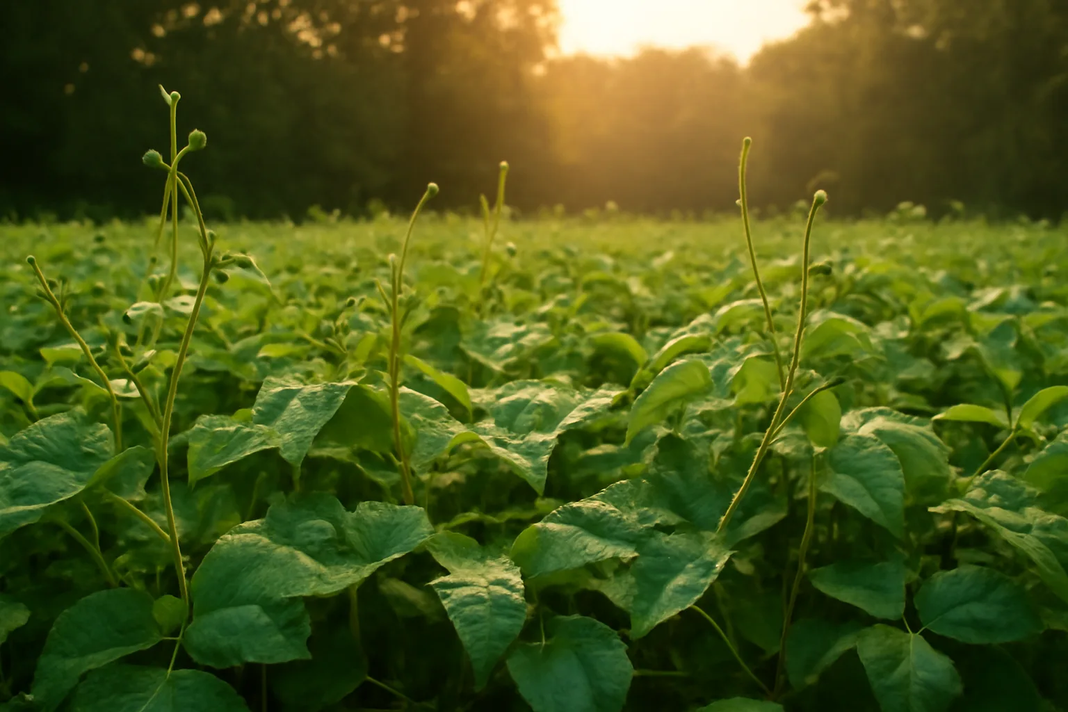 Lush green lablab food plot vines growing in a wooded field edge at sunrise