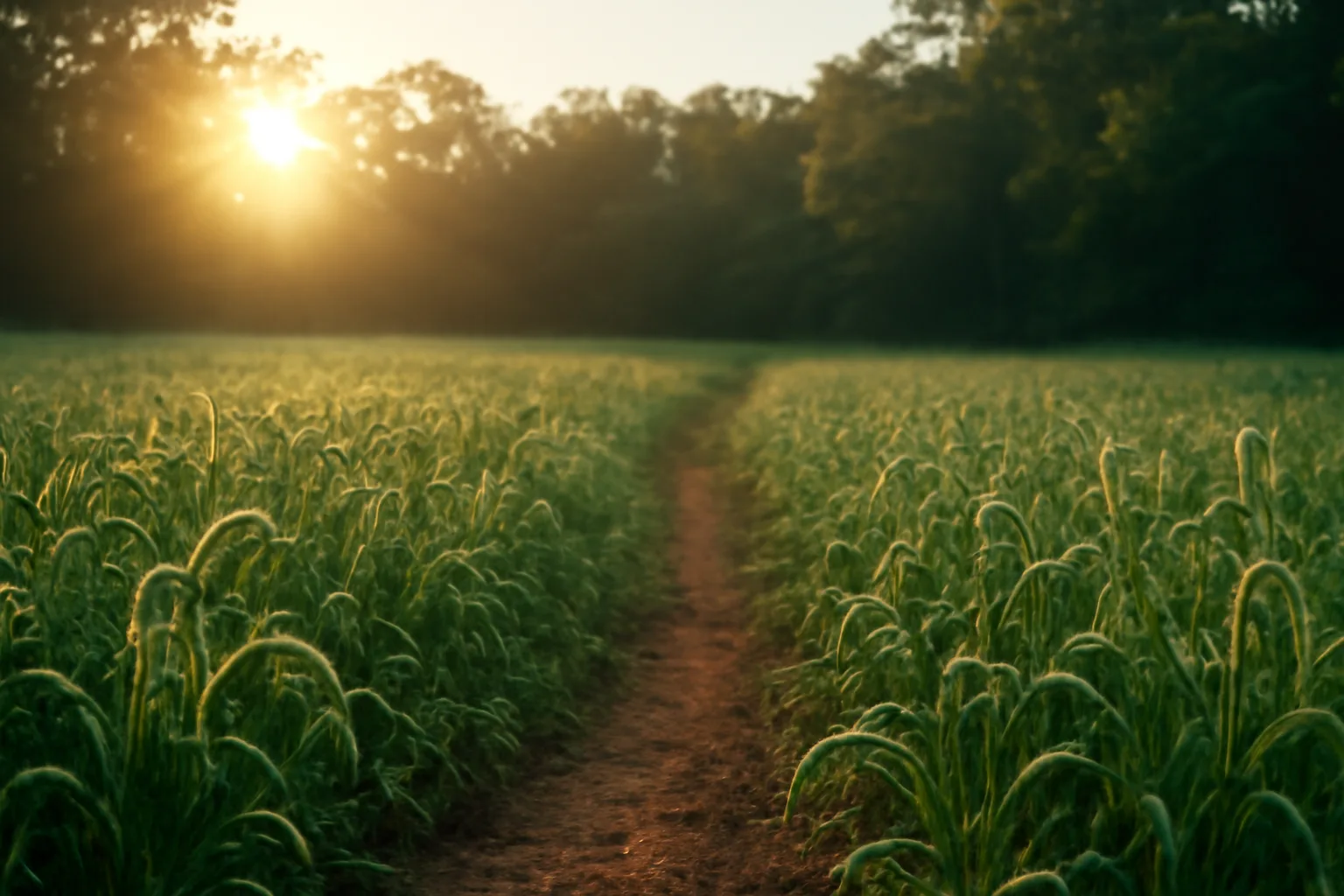 Millet food plot at sunrise with a deer trail leading into the woods