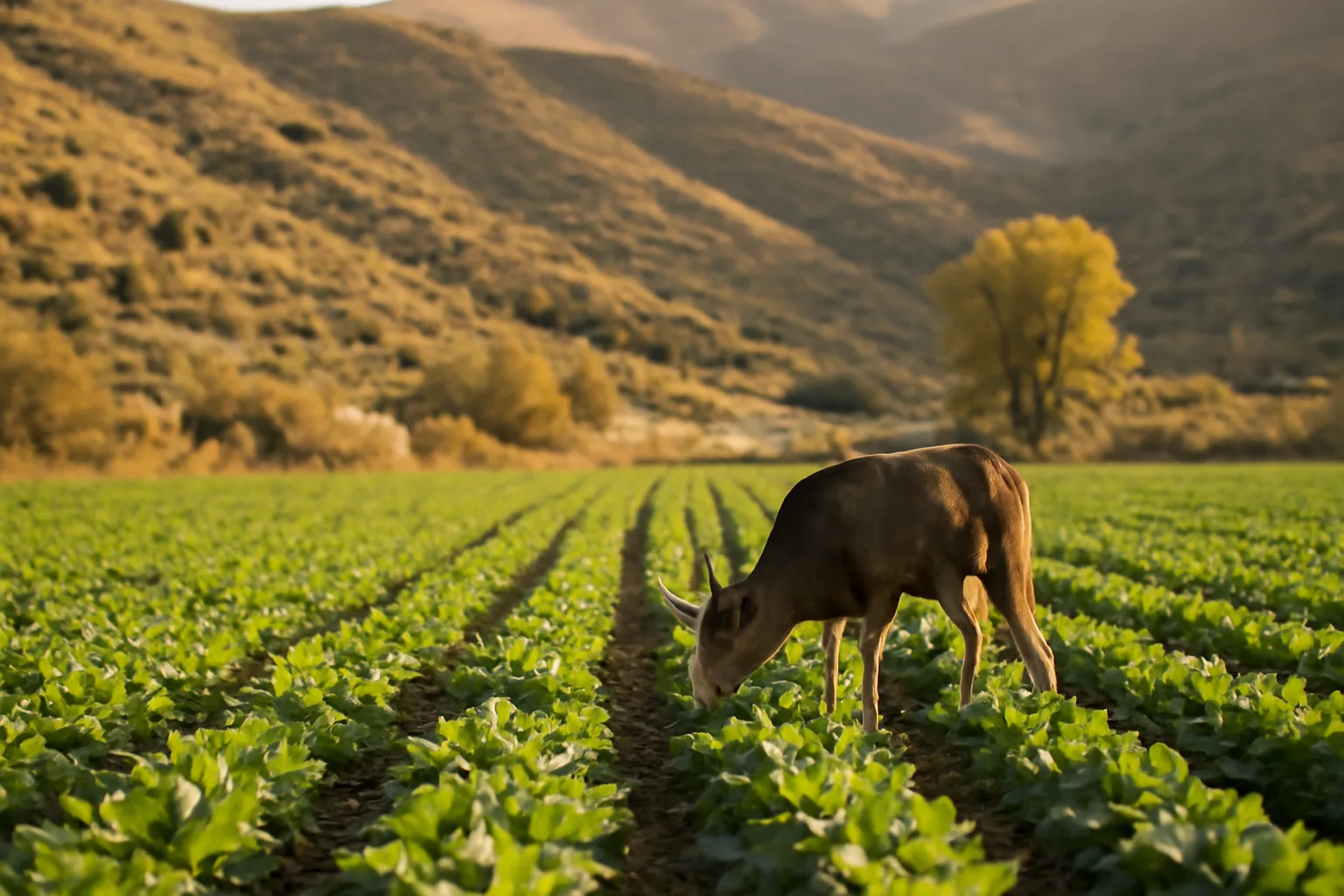 Mule deer grazing at edge of a mountain food plot at sunset