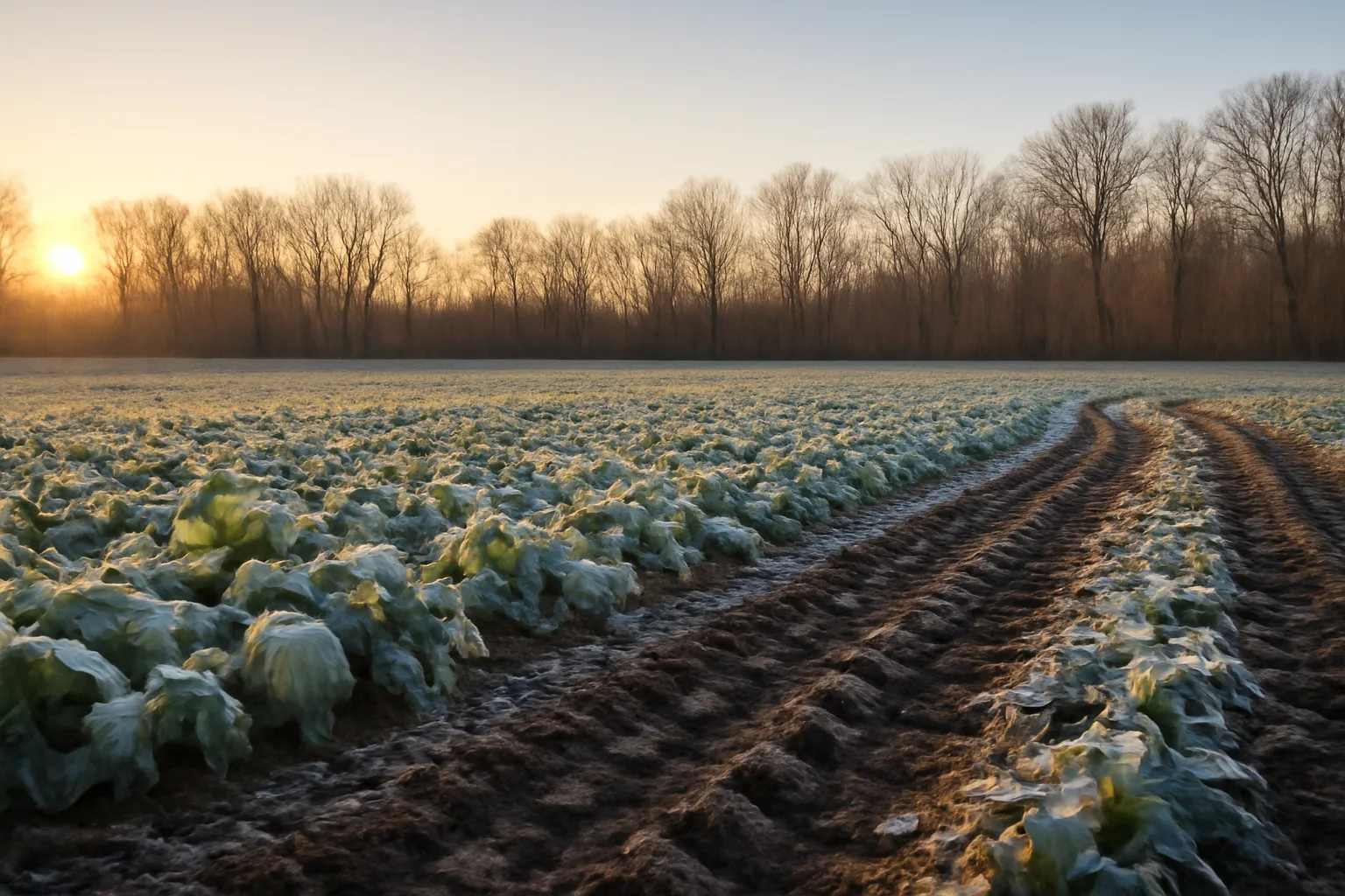 Frosted turnip food plot at sunrise in a northern hardwood forest clearing