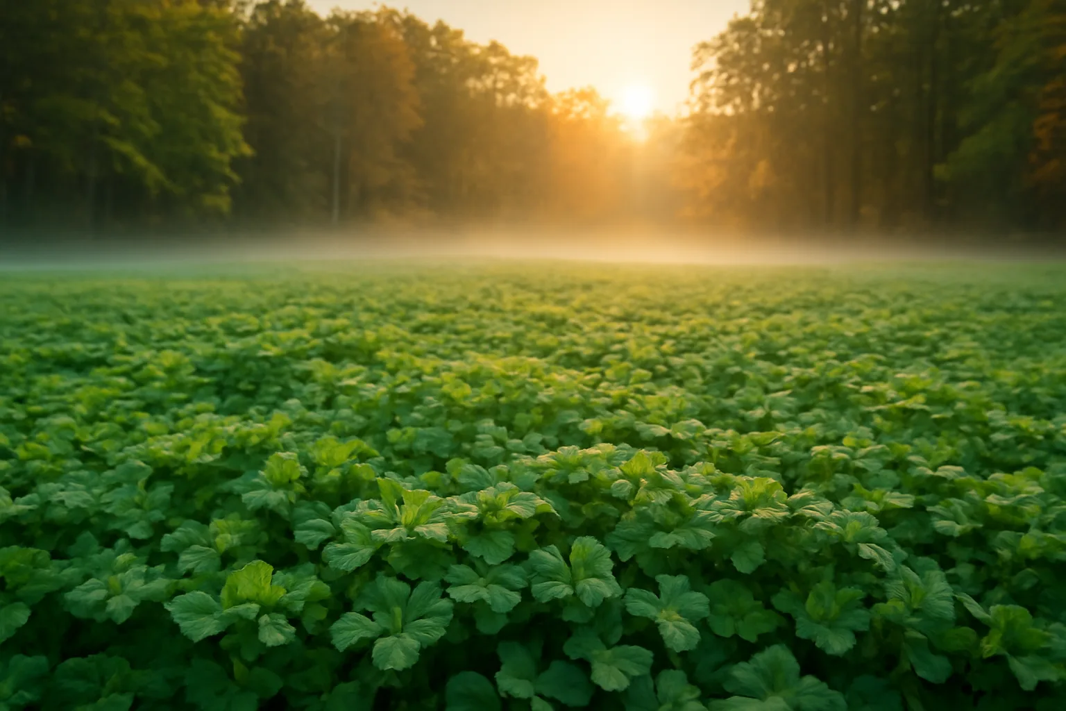 Dense green clover perennial food plot bordered by autumn woods at dawn