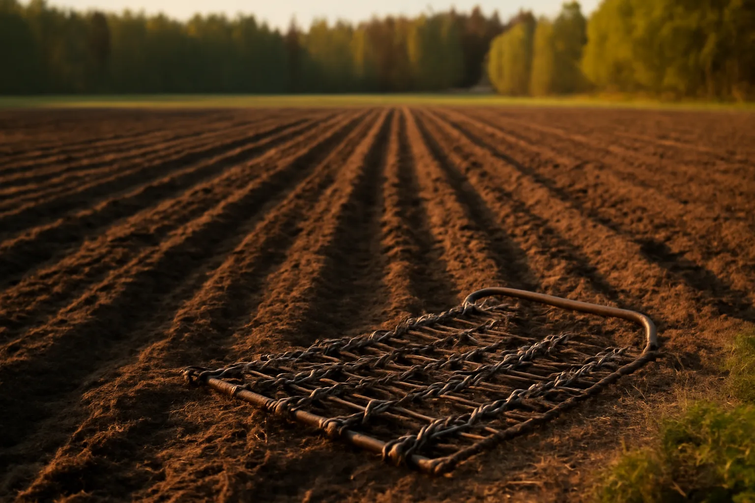 Freshly planted food plot clearing in the woods at golden hour with drag harrow