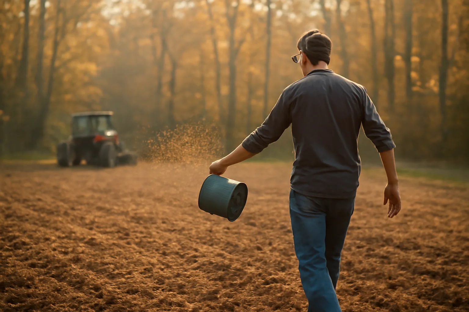 Hunter broadcasting seed by hand while planting a clover food plot at forest edge