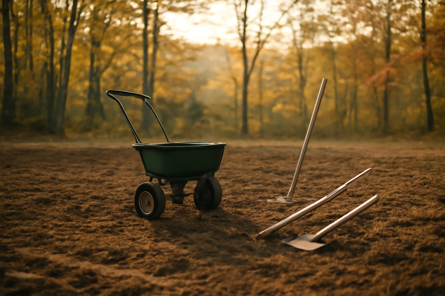 Freshly tilled food plot clearing in autumn woods with hand seeding tools