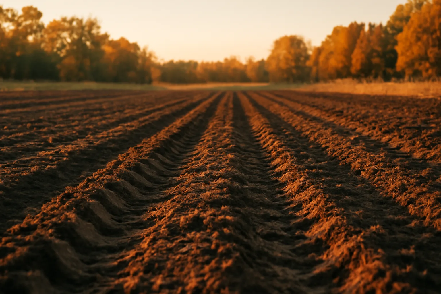 Freshly tilled food plot field at sunset with tractor tracks and tree line
