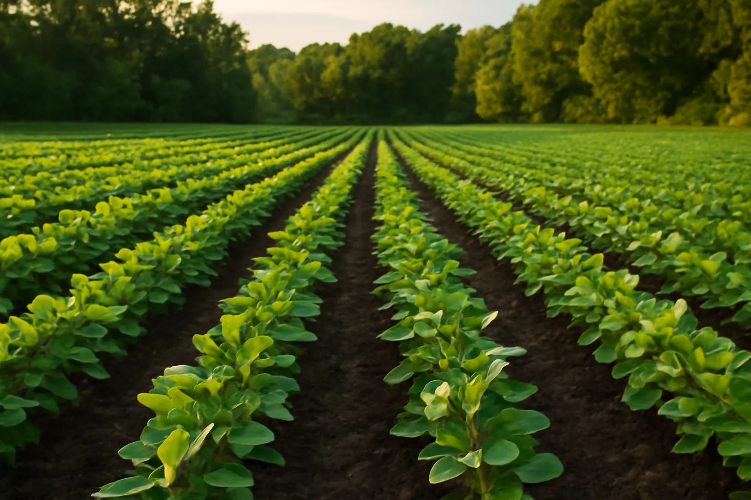 Young soybean food plot rows growing near a wooded tree line in late afternoon light