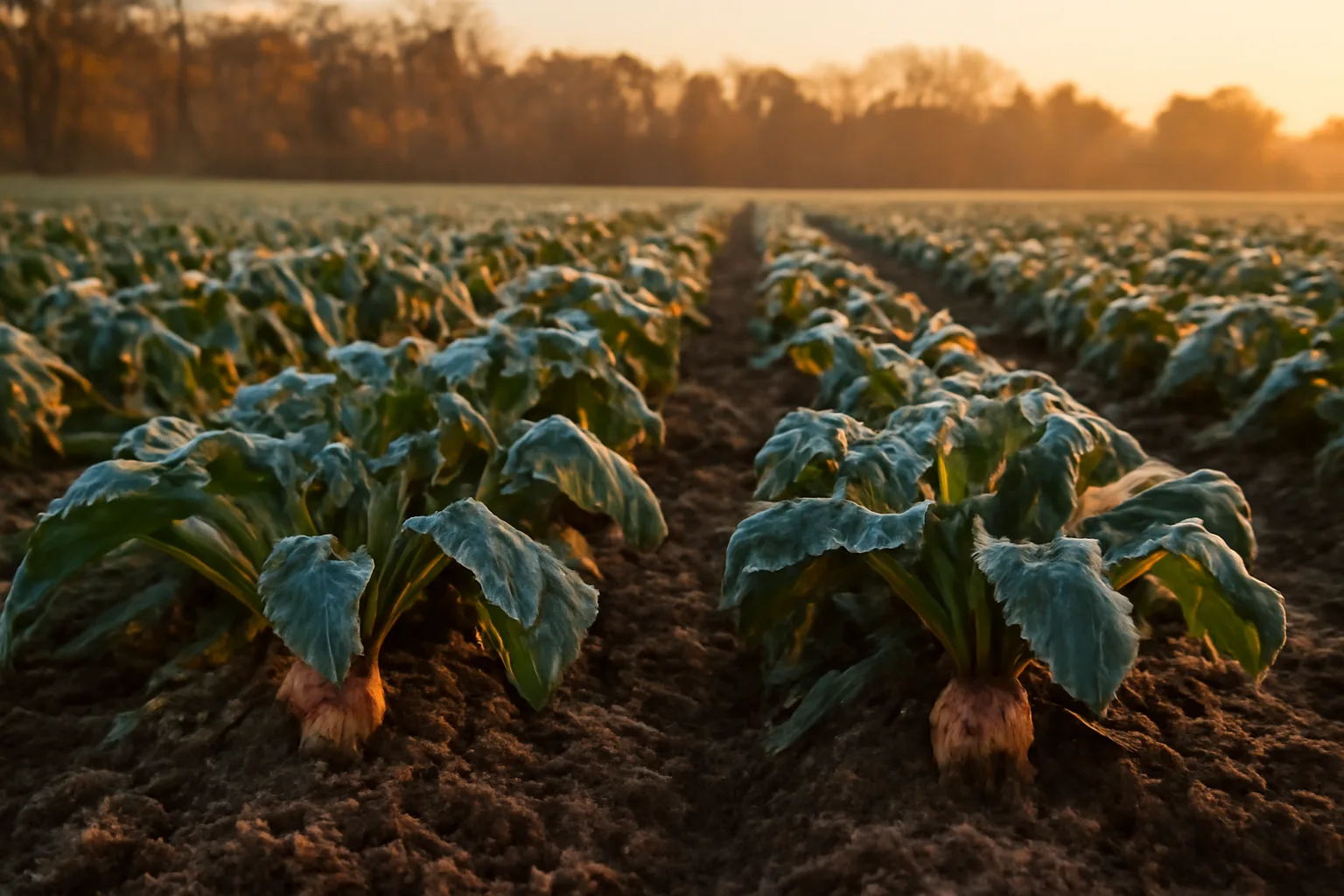 Rows of sugar beets with frosted leaves growing in a fall deer food plot