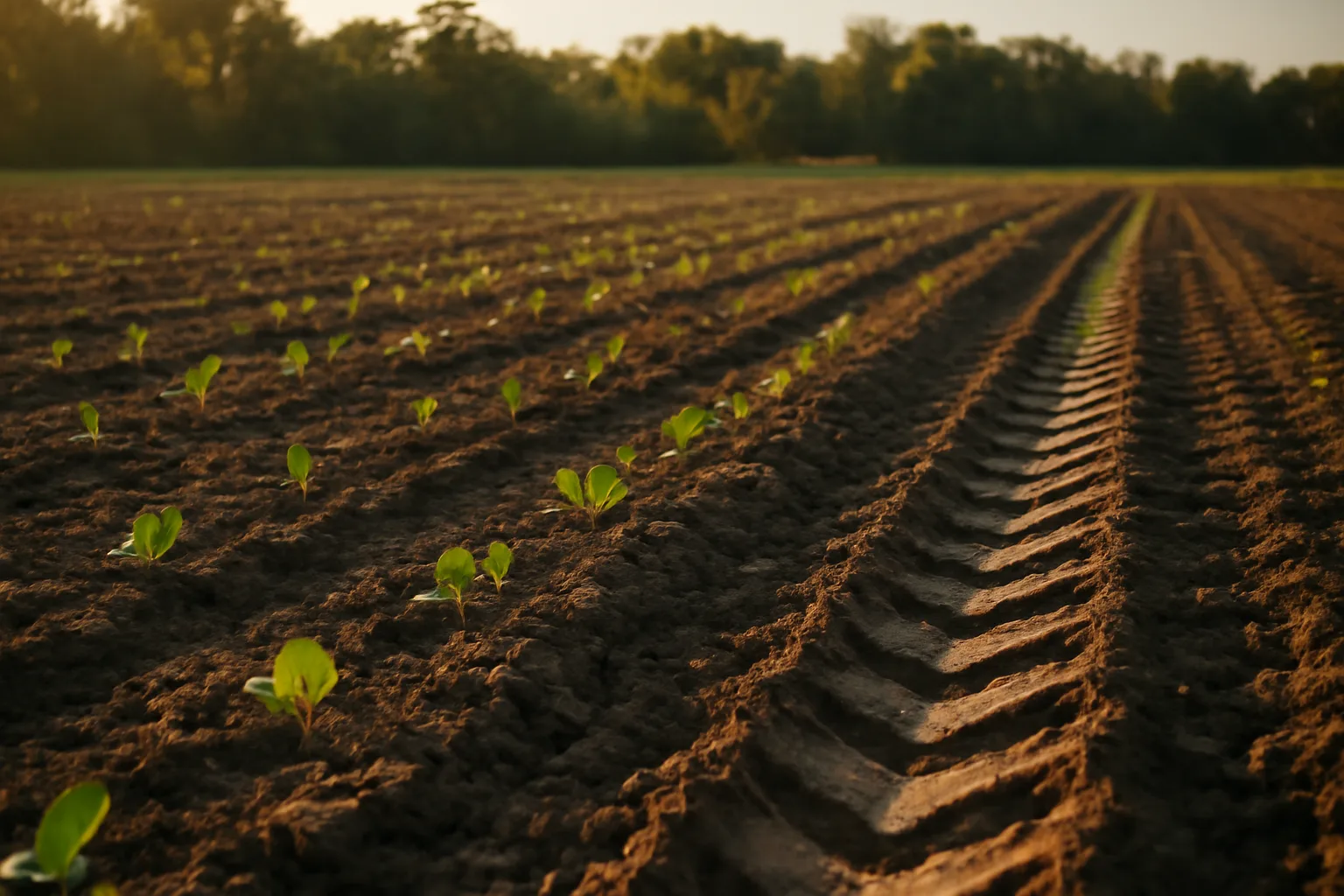 Freshly planted fall food plot with brassica seedlings and tractor tracks at sunset