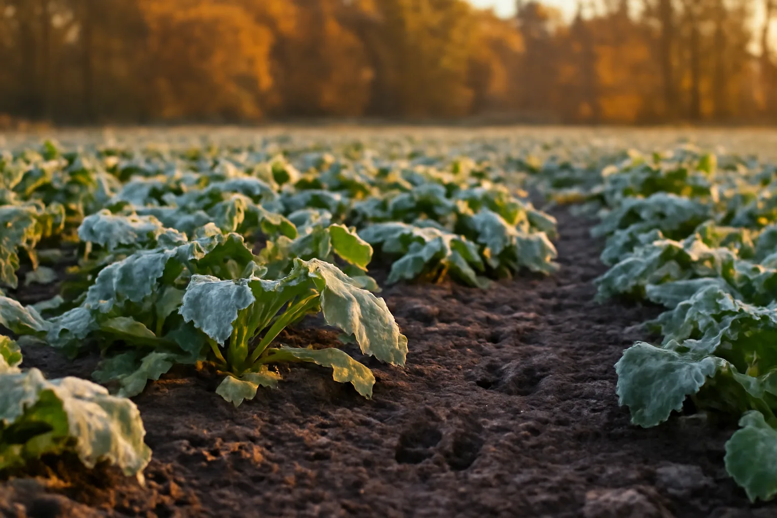 Frosted radish food plot rows with exposed roots at dawn in a forest clearing