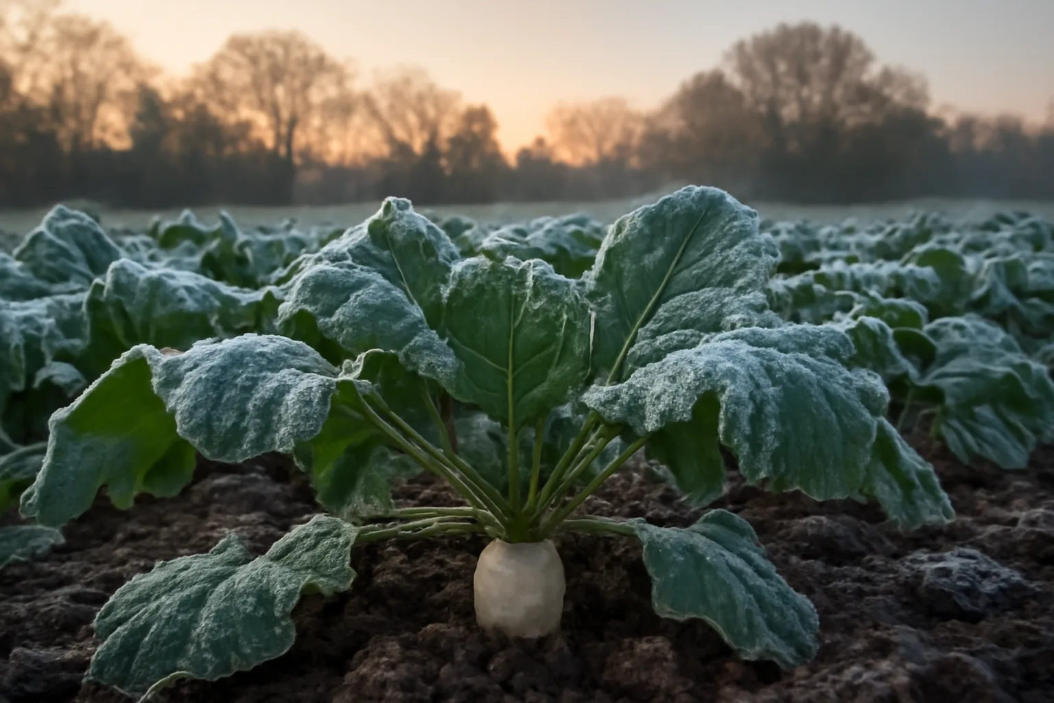 Frost-covered radish food plot with exposed bulbs at dawn near a wooded tree line
