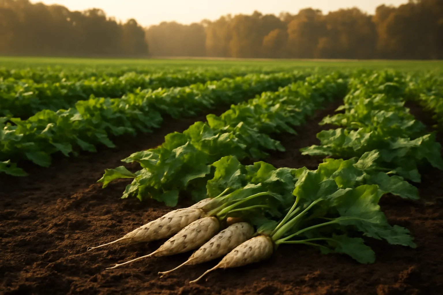 Radish food plot rows with pulled taproots in tilled soil at dusk