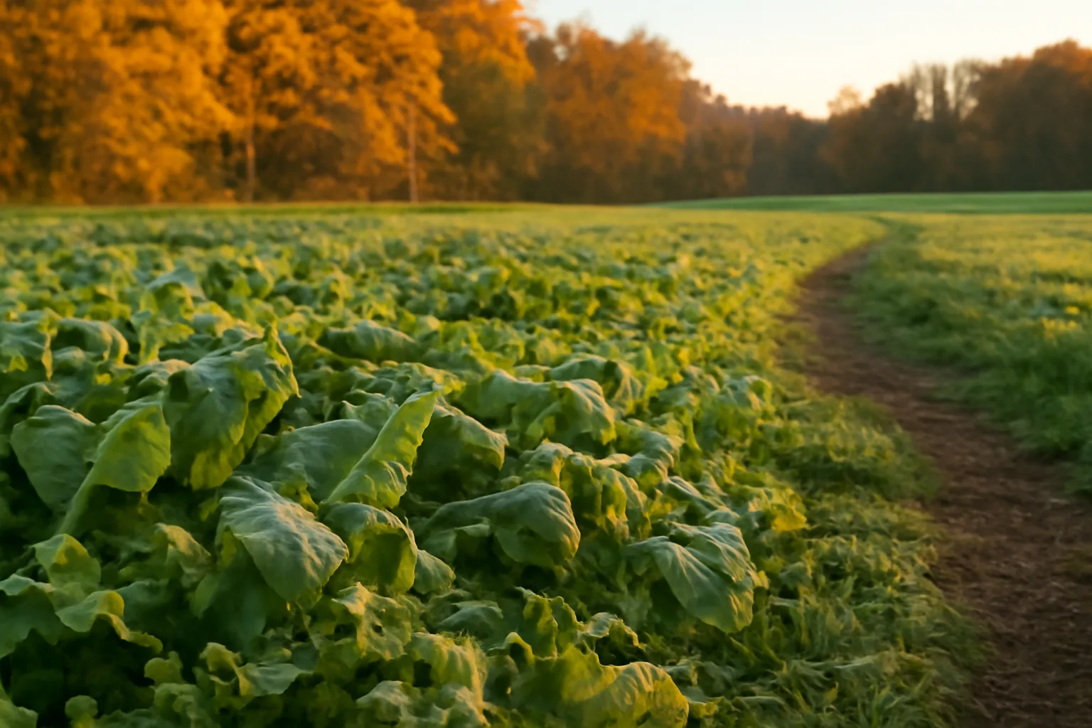 Frost-covered clover and turnip food plot at dawn along a wooded field edge