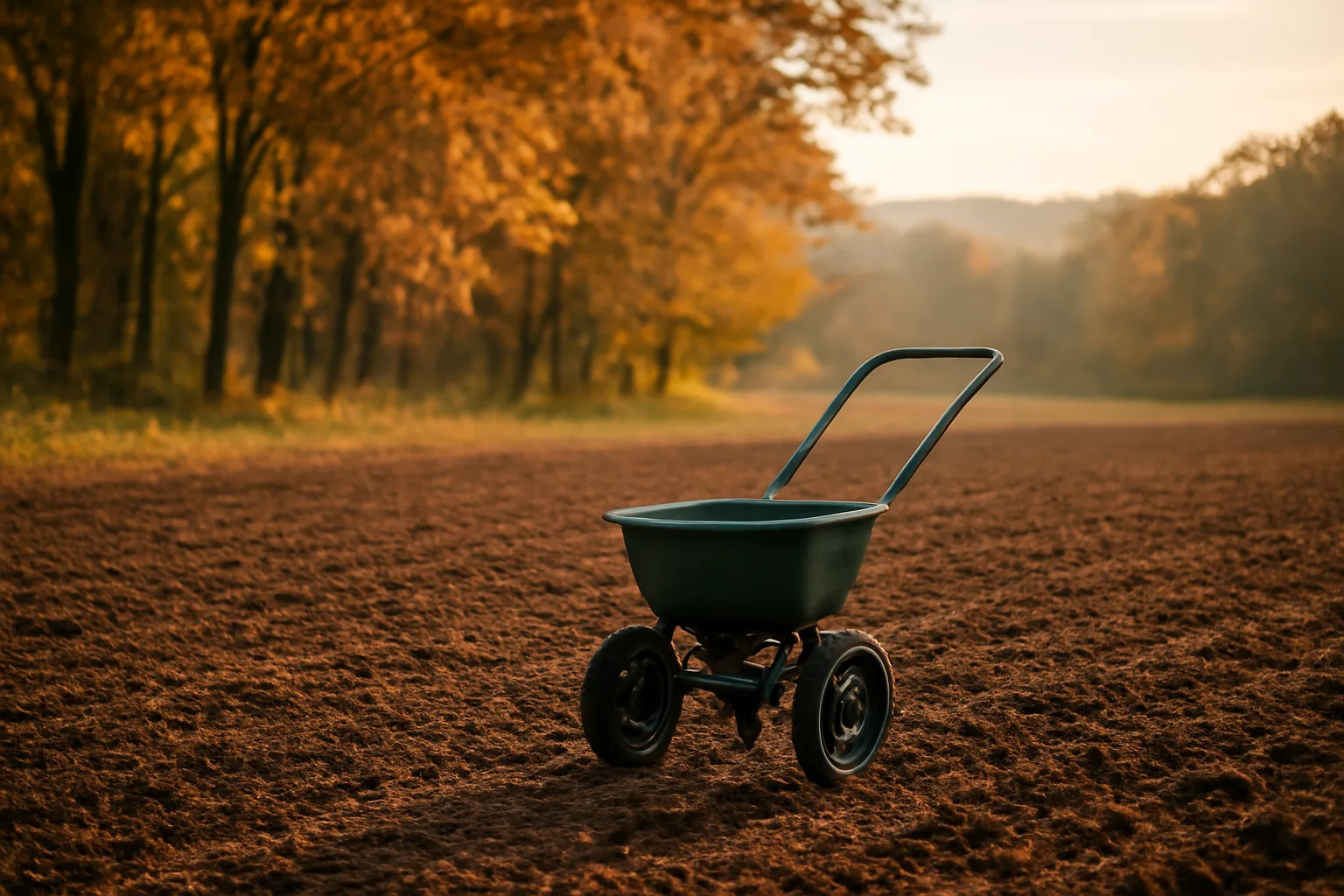 Freshly tilled food plot field with a seed spreader at the edge of autumn woods