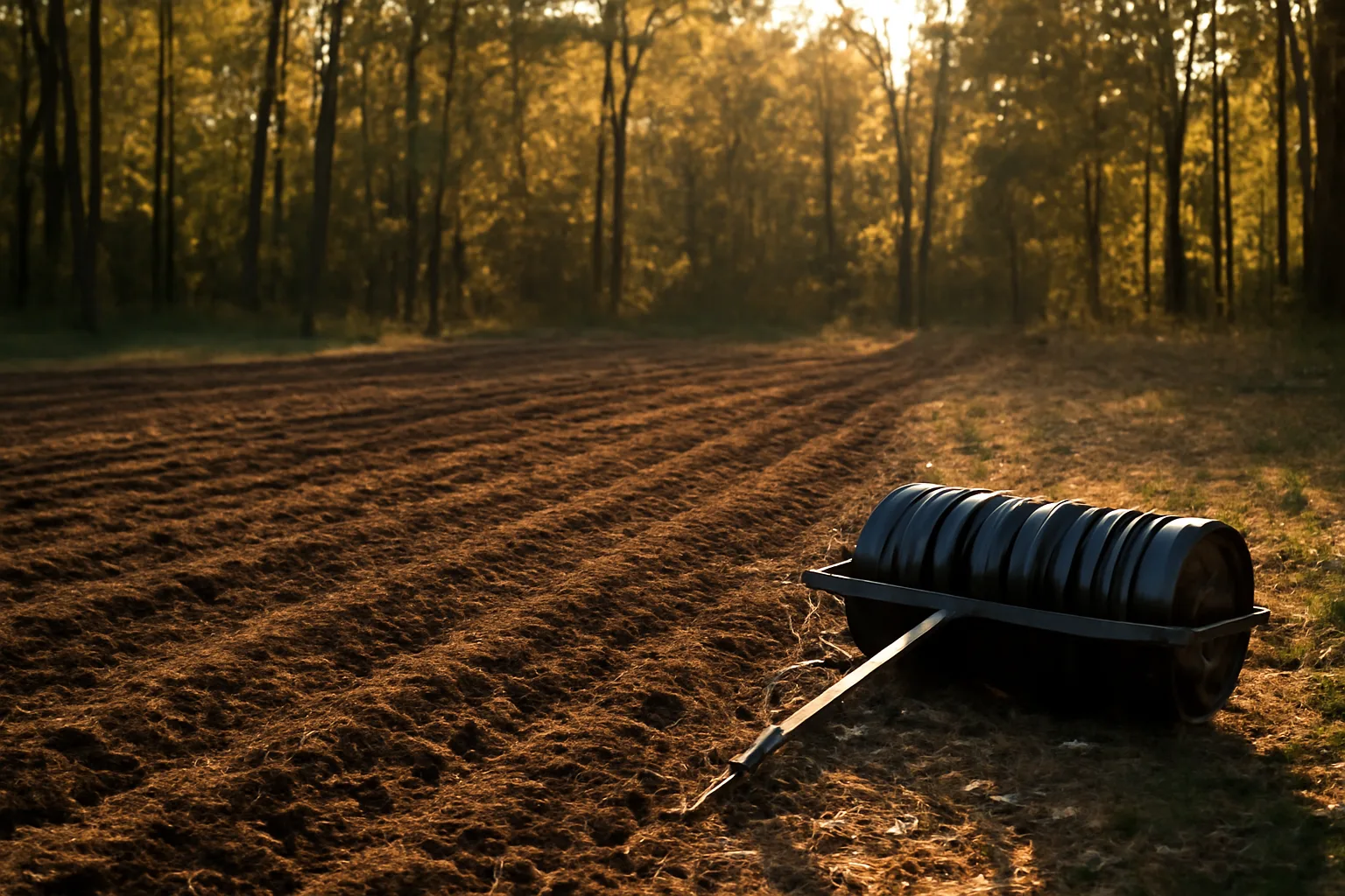 Freshly tilled food plot clearing in autumn forest with planting equipment at the edge