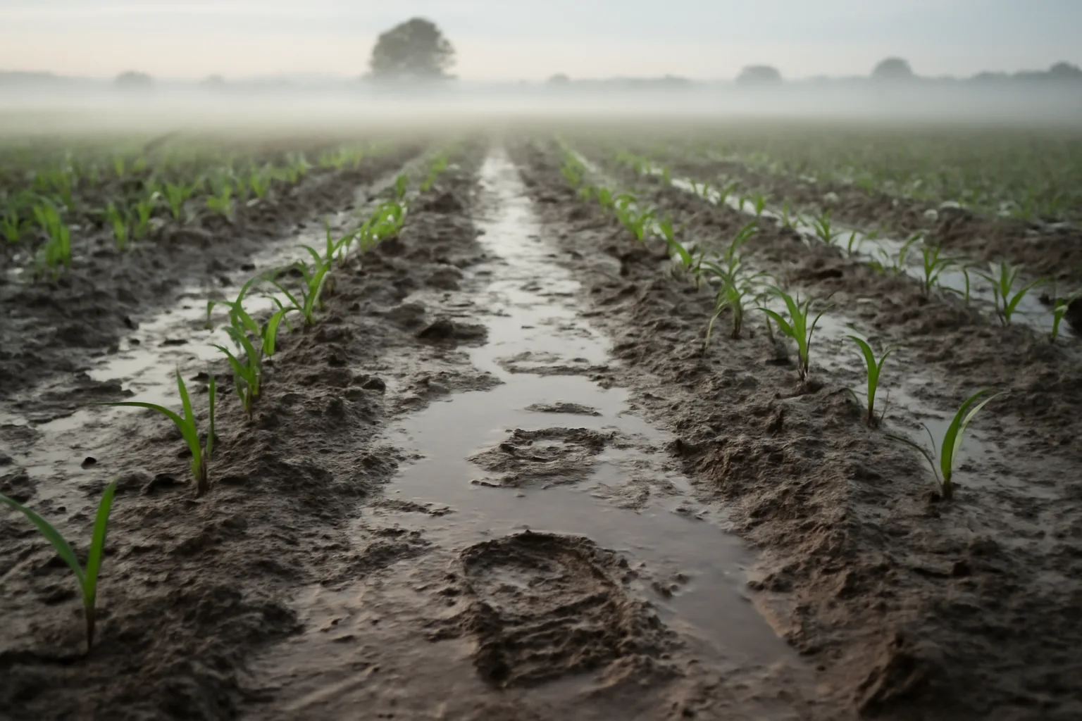 Muddy bottomland food plot with standing water between young seedling rows at dawn