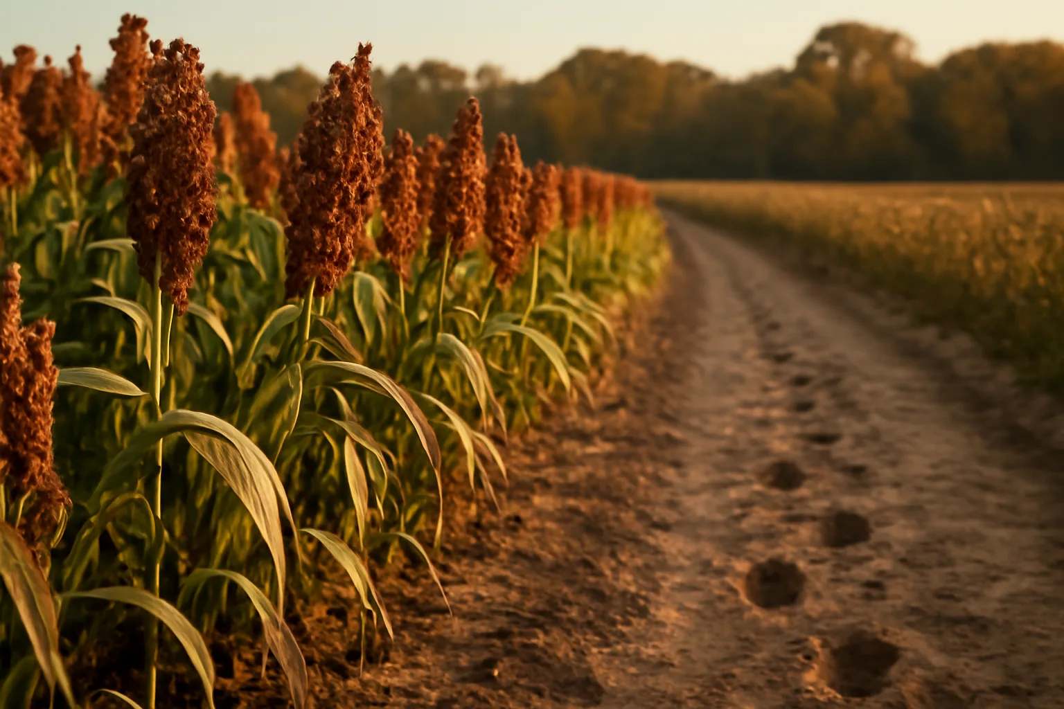Mature reddish sorghum heads in a fall deer food plot at golden hour