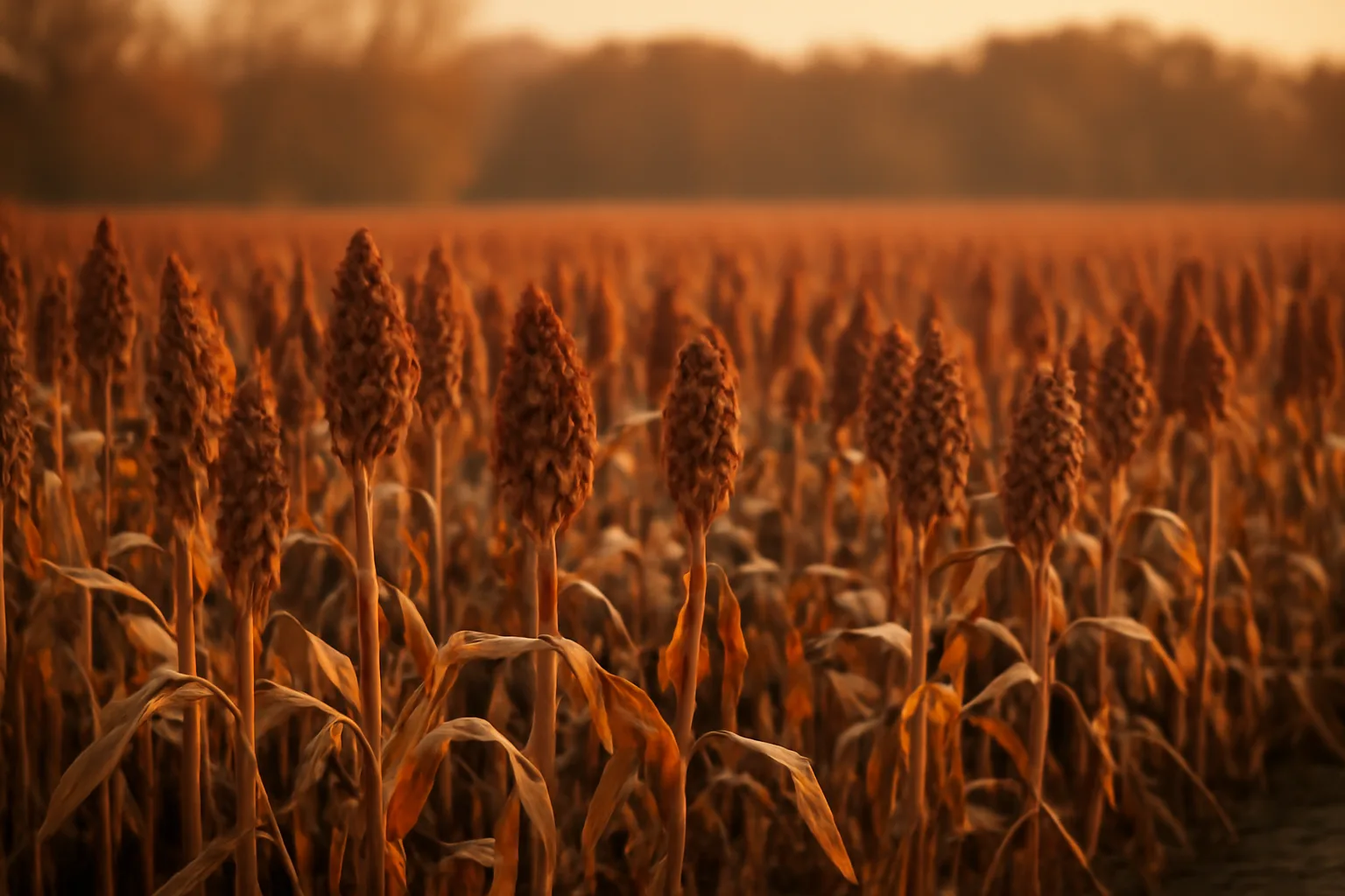 Standing dry sorghum grain heads in a fall food plot at sunset