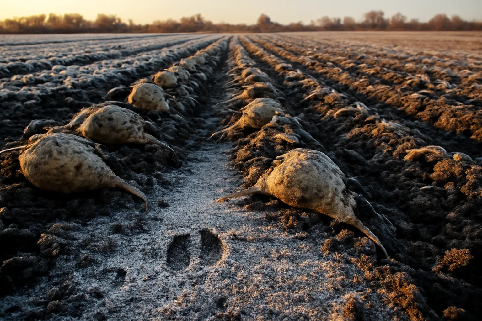 Frost-covered sugar beet food plot rows with deer tracks in late fall light