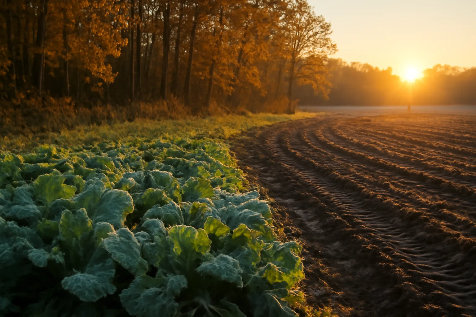Fall food plot with frost-tipped brassica leaves bordering a hardwood tree line
