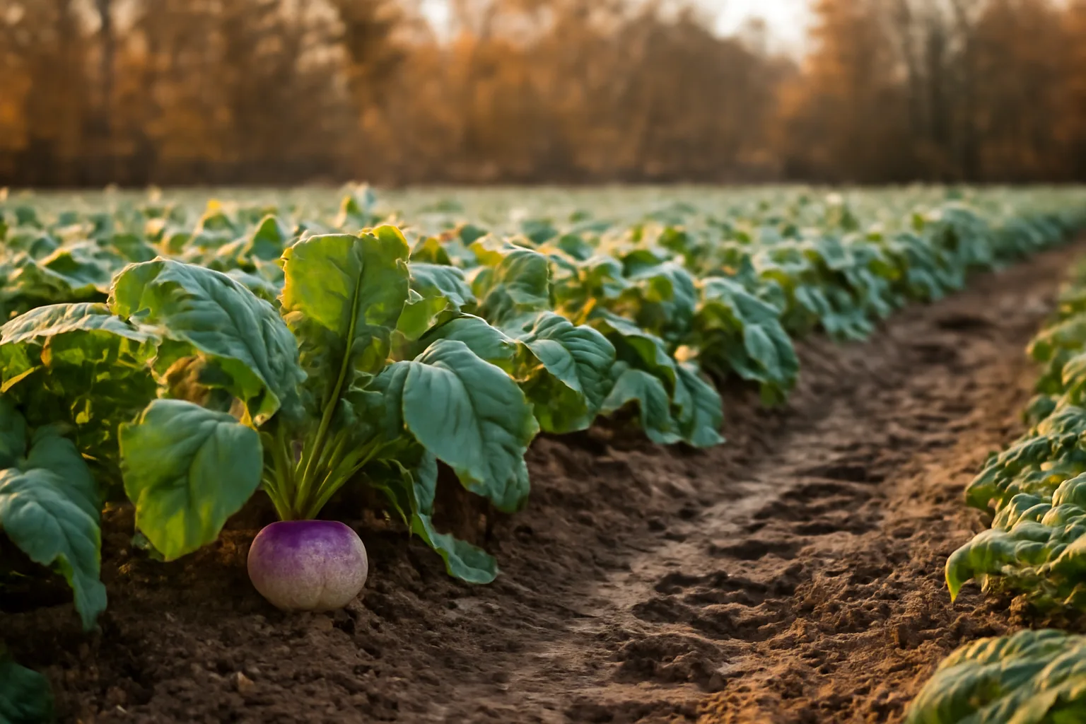 Turnip food plot seed grown into leafy rows with frosted bulbs in a fall field