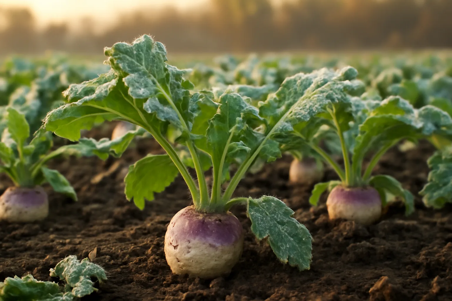Turnip food plot with leafy tops and bulbs exposed in frosted soil at dawn