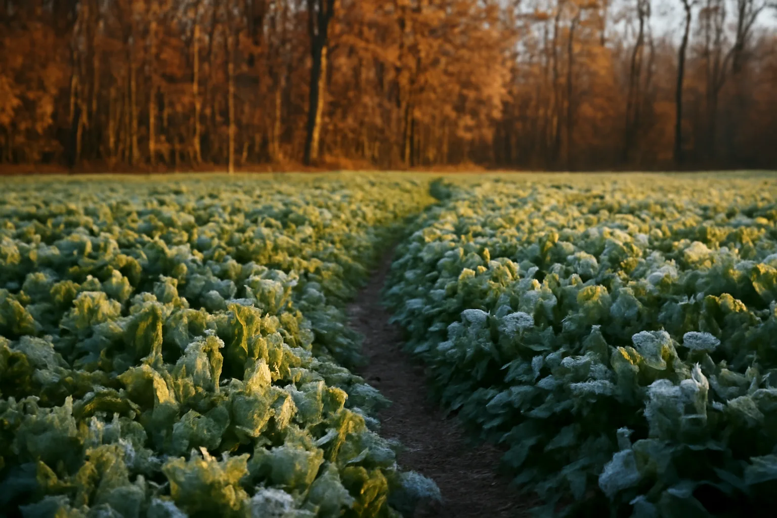 Frost-covered turnip food plot at forest edge in late fall light