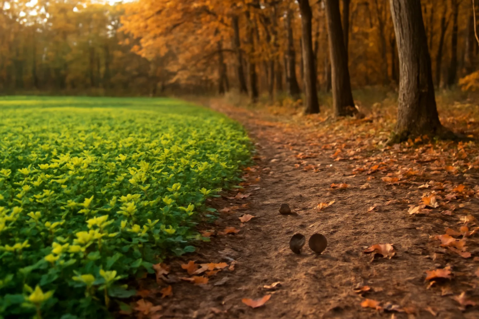 Sunlit clover food plot bordered by hardwood forest at field edge