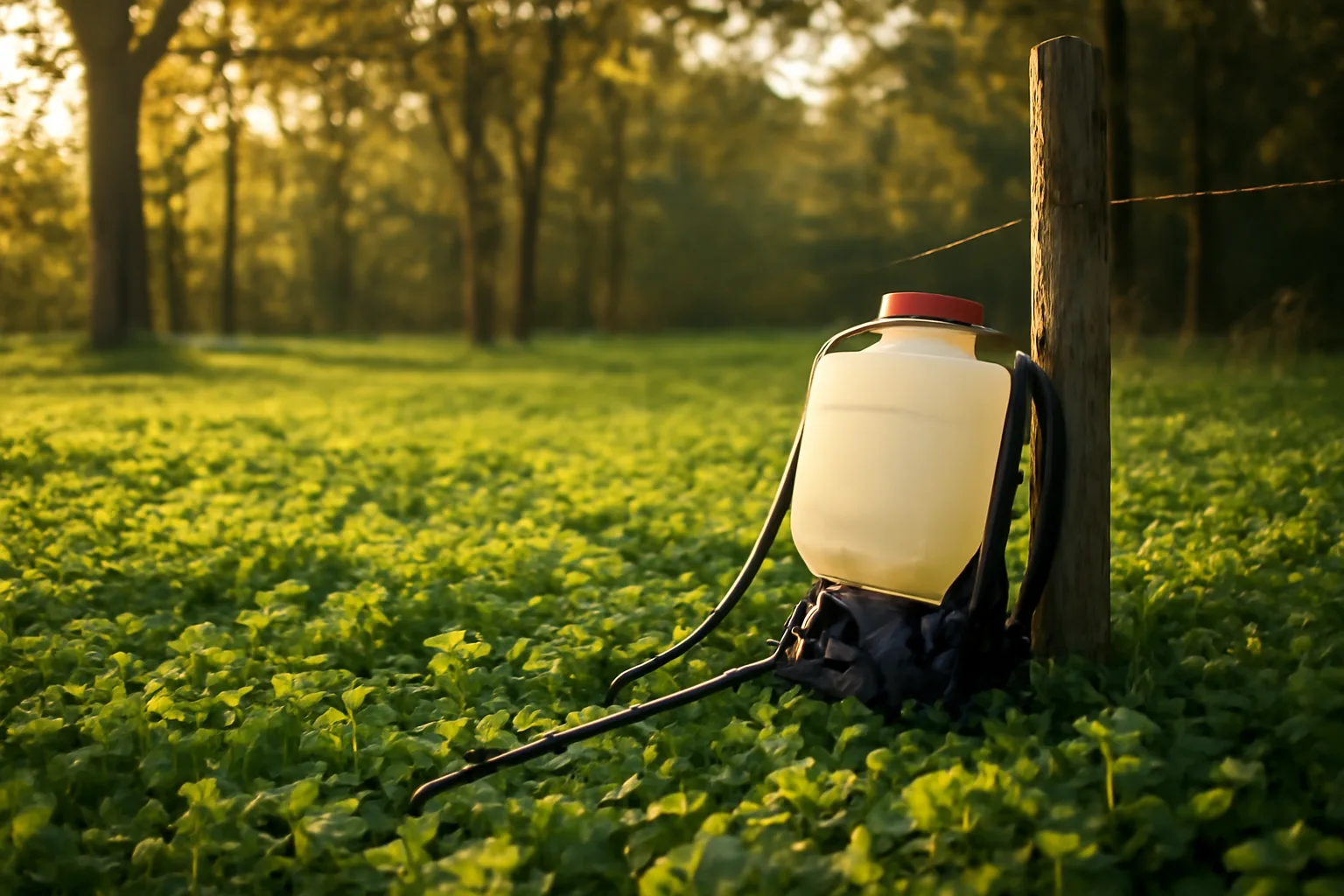 Backpack sprayer beside a lush green clover food plot at golden hour