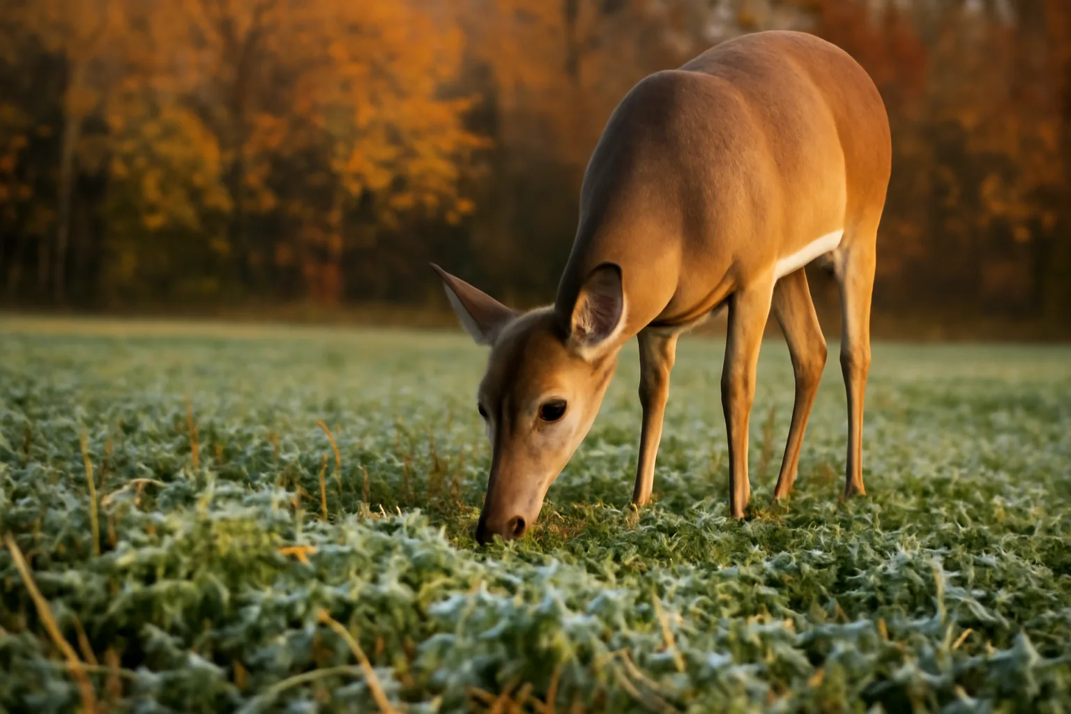 Whitetail deer grazing at edge of green clover food plot at dusk