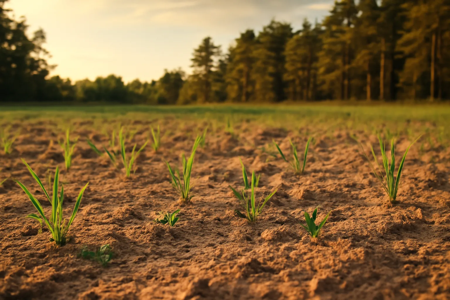 Young cereal rye and clover seedlings growing in sandy soil at field edge