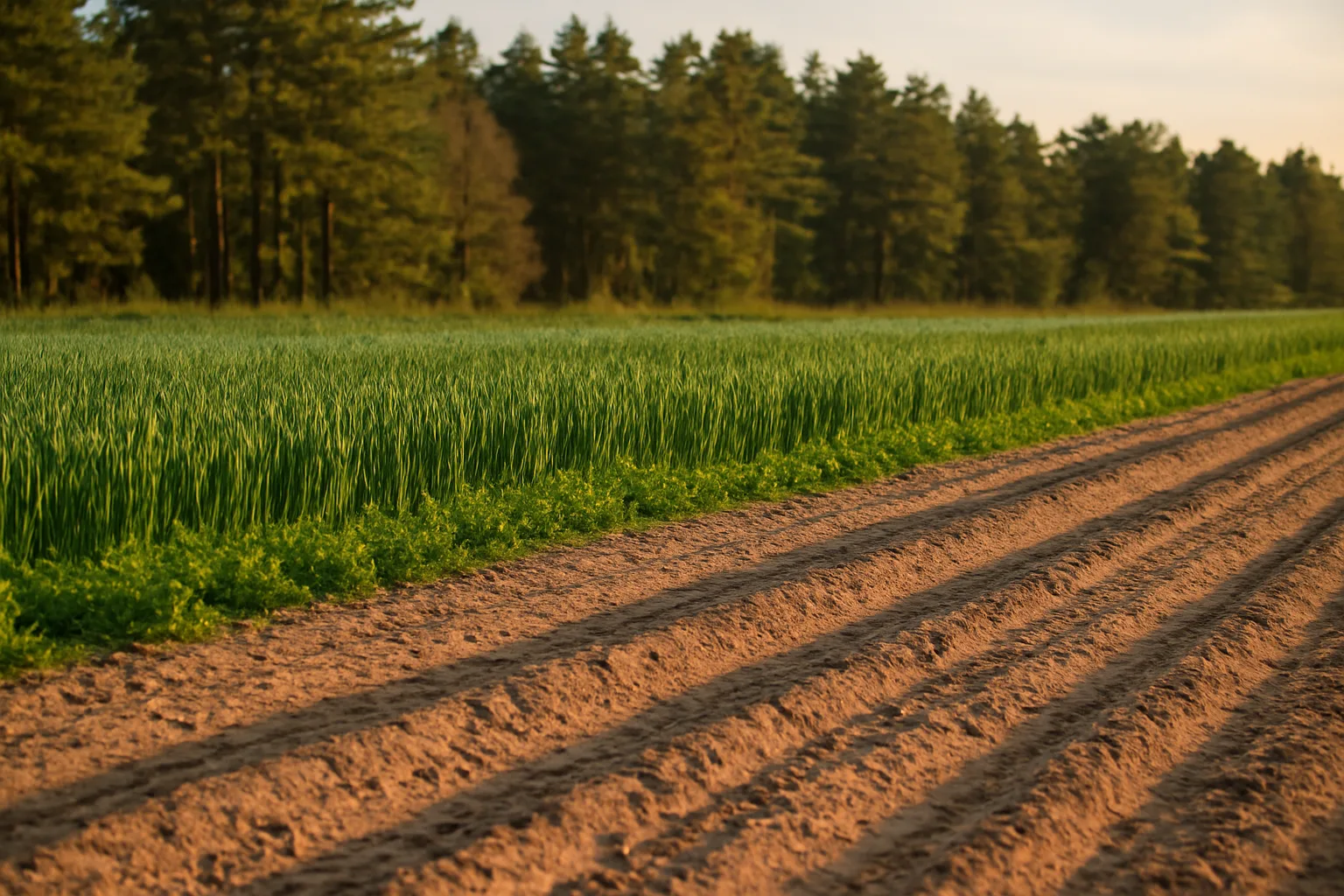 Sandy soil food plot rows planted with cereal rye near a pine tree line