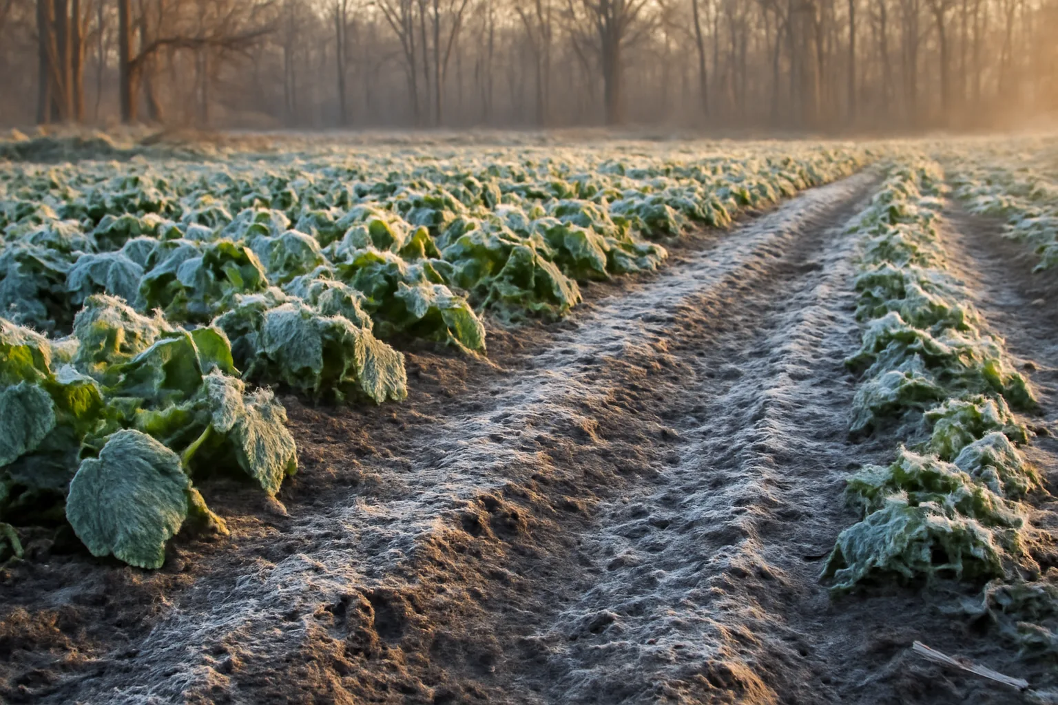 Frost covered food plot at sunrise showing brassica rows and deer tracks
