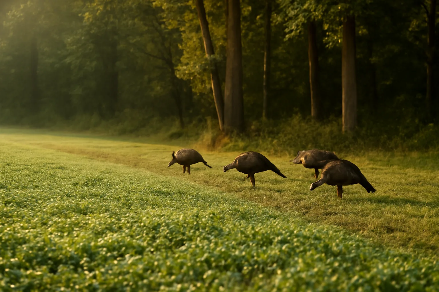 Wild turkeys feeding at the edge of a mowed clover food plot at sunrise