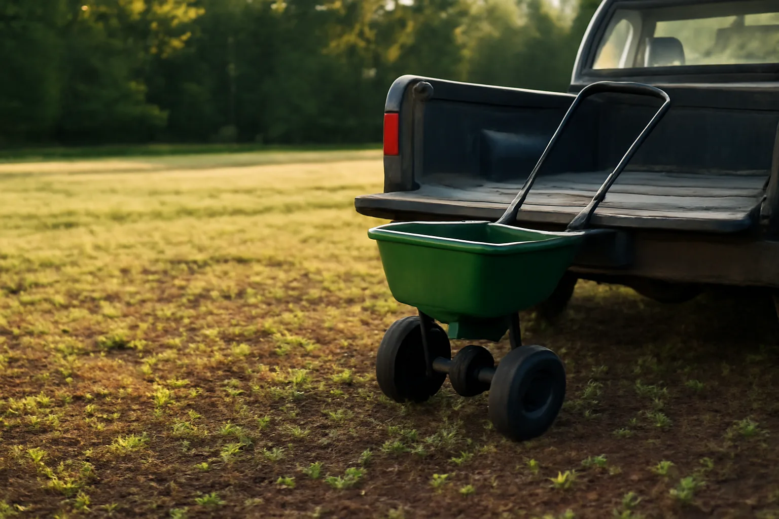 Broadcast spreader beside a newly seeded no-till food plot at forest edge