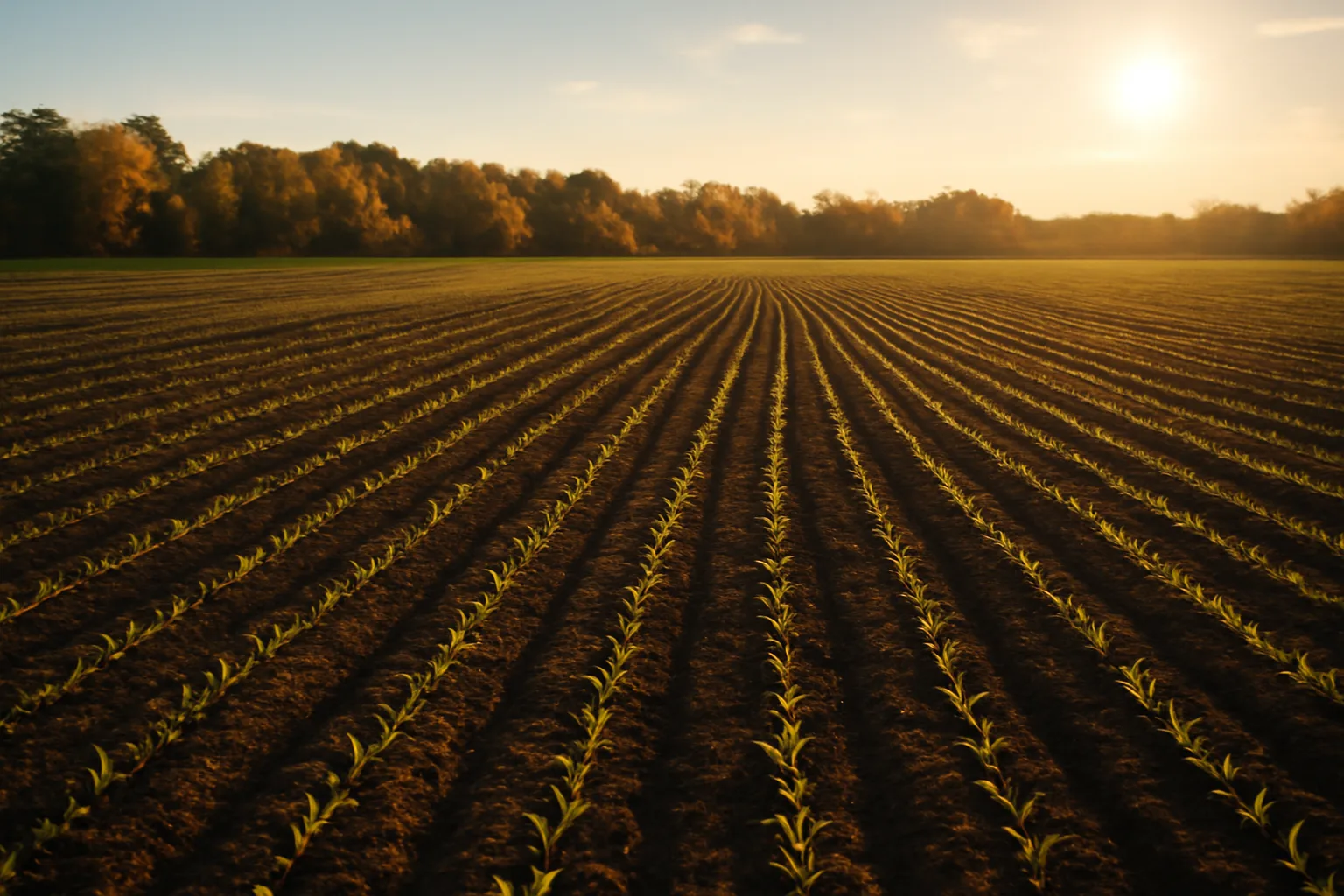 Freshly drilled fall food plot field with tree line at golden hour