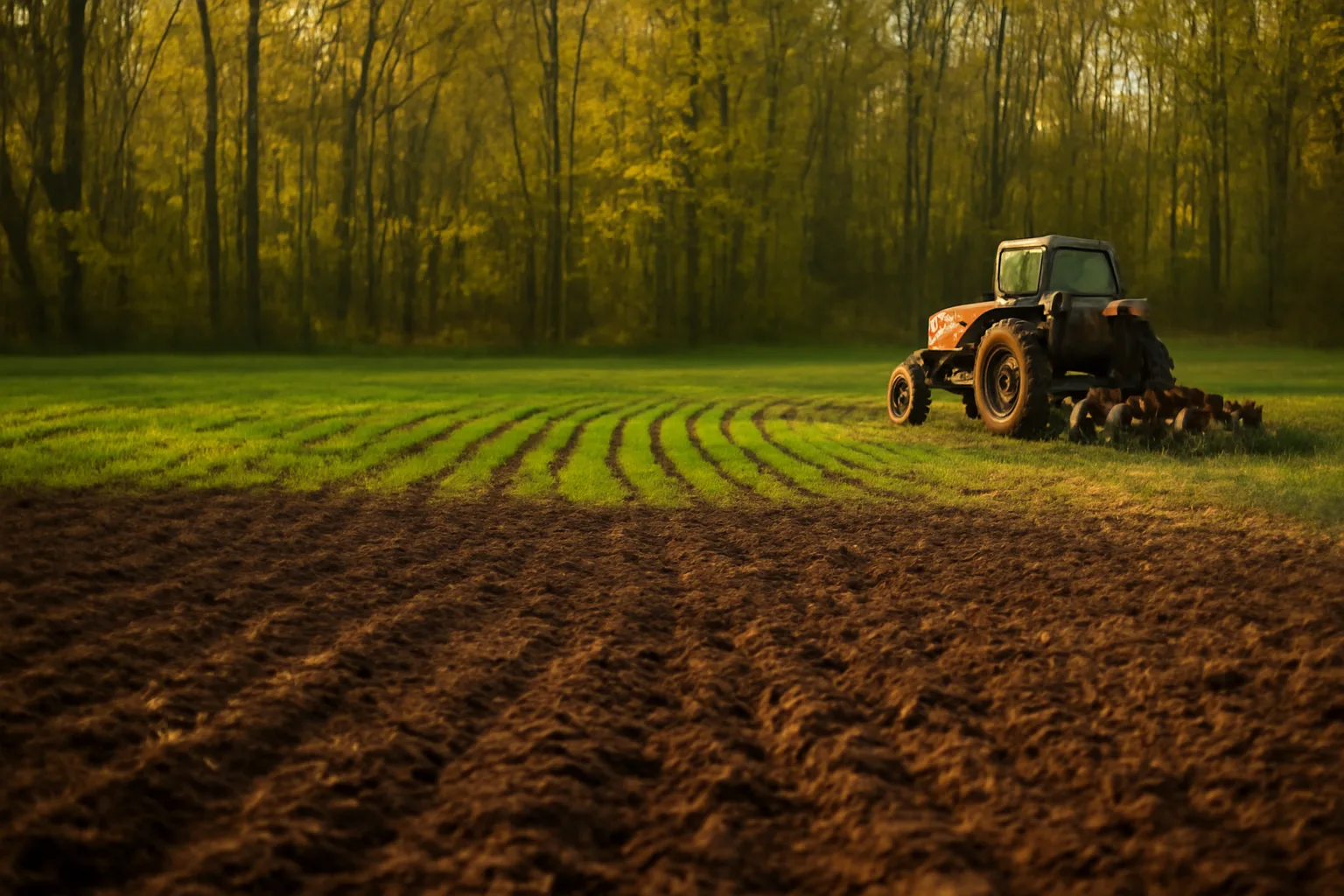 Freshly planted deer food plot clearing between hardwood trees at dusk