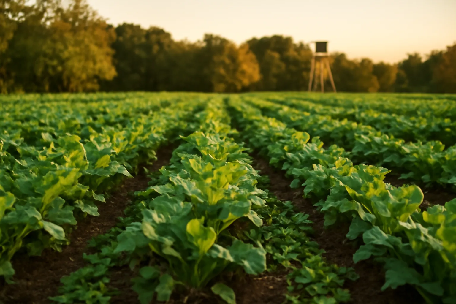 Fall food plot with turnip and clover rows at golden hour near a tree line