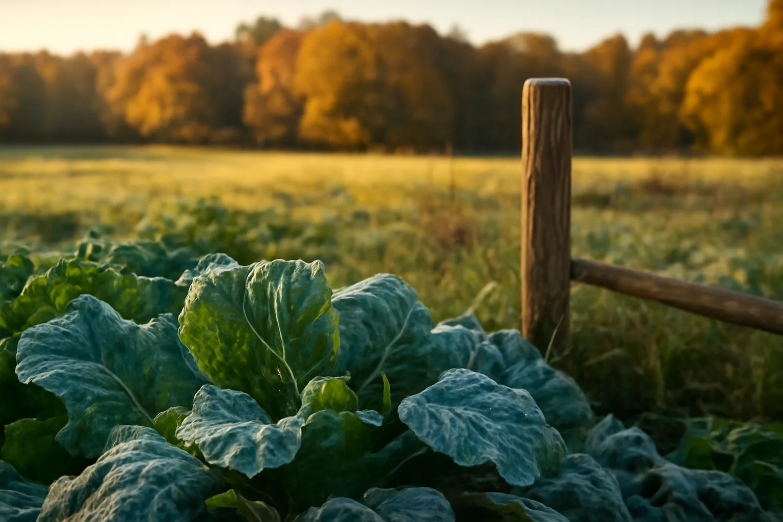Frost-covered brassica food plot at the edge of a autumn treeline