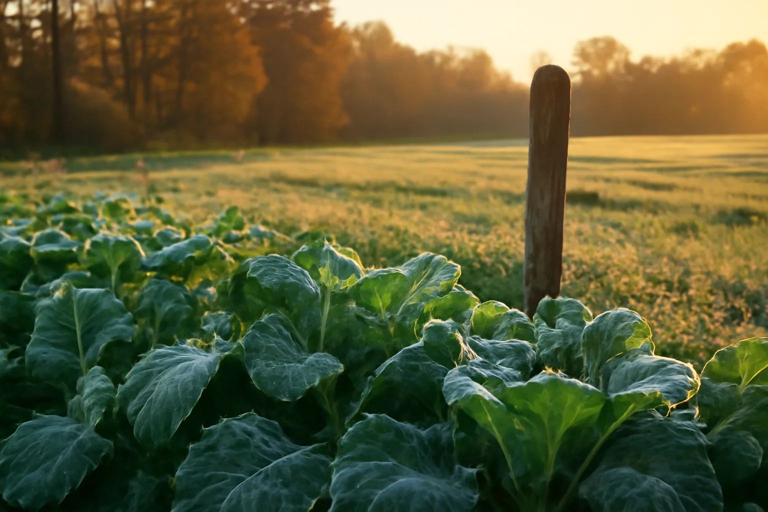 Frosted food plot edge at dawn showing brassica leaves and tree line