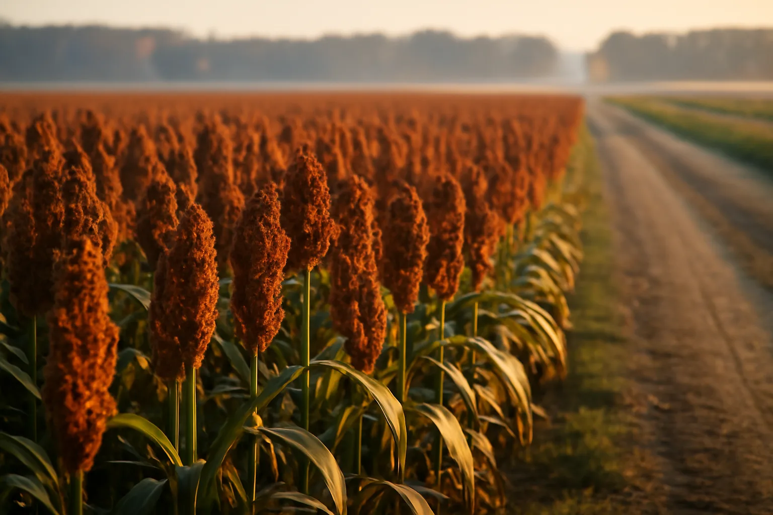 Standing red-brown milo grain sorghum field at golden hour for deer food plot