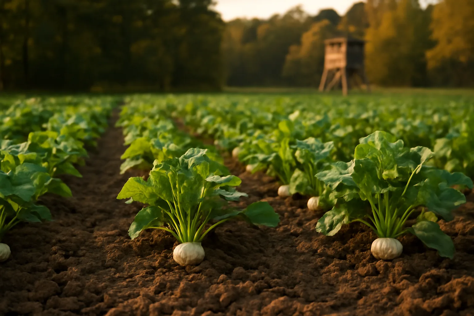 Radish food plot with leafy tops and bulbs growing in fall light near tree line
