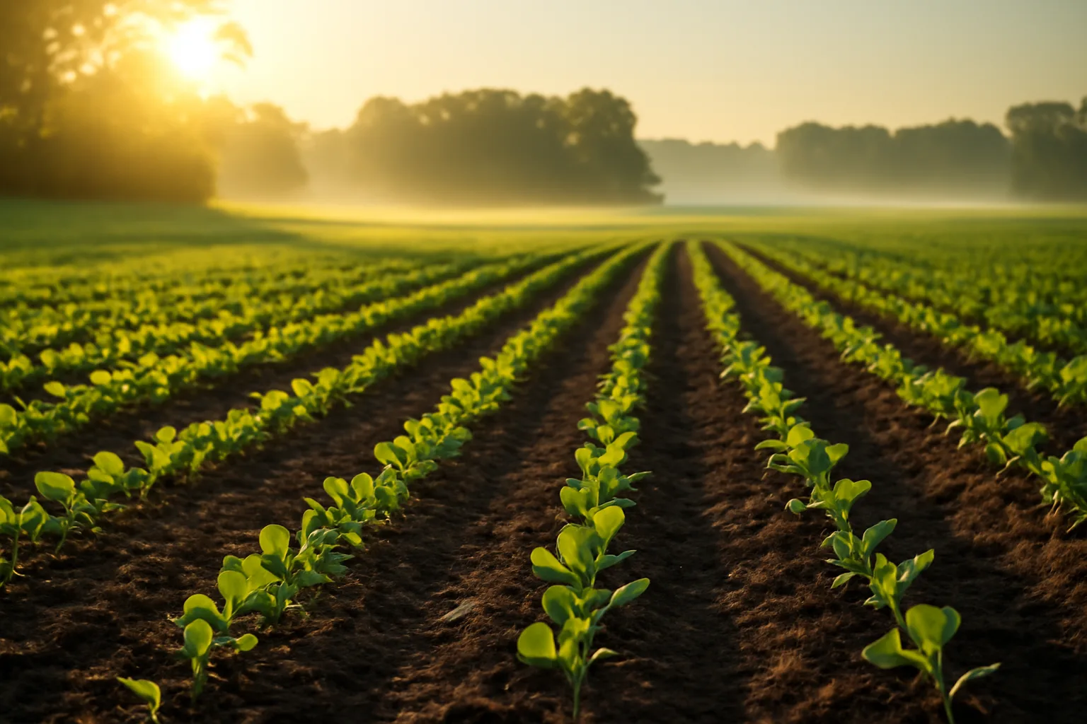 Rows of young soybean seedlings in a freshly planted deer food plot at sunrise