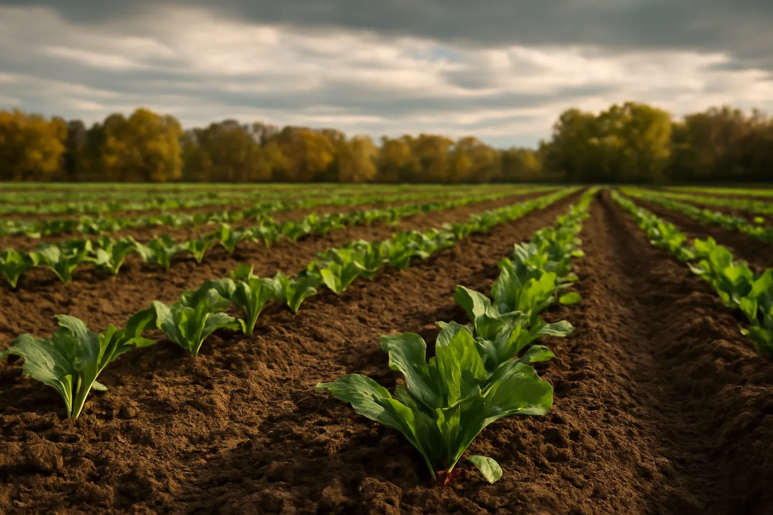 Rows of sugar beet foliage growing in a tilled deer food plot field