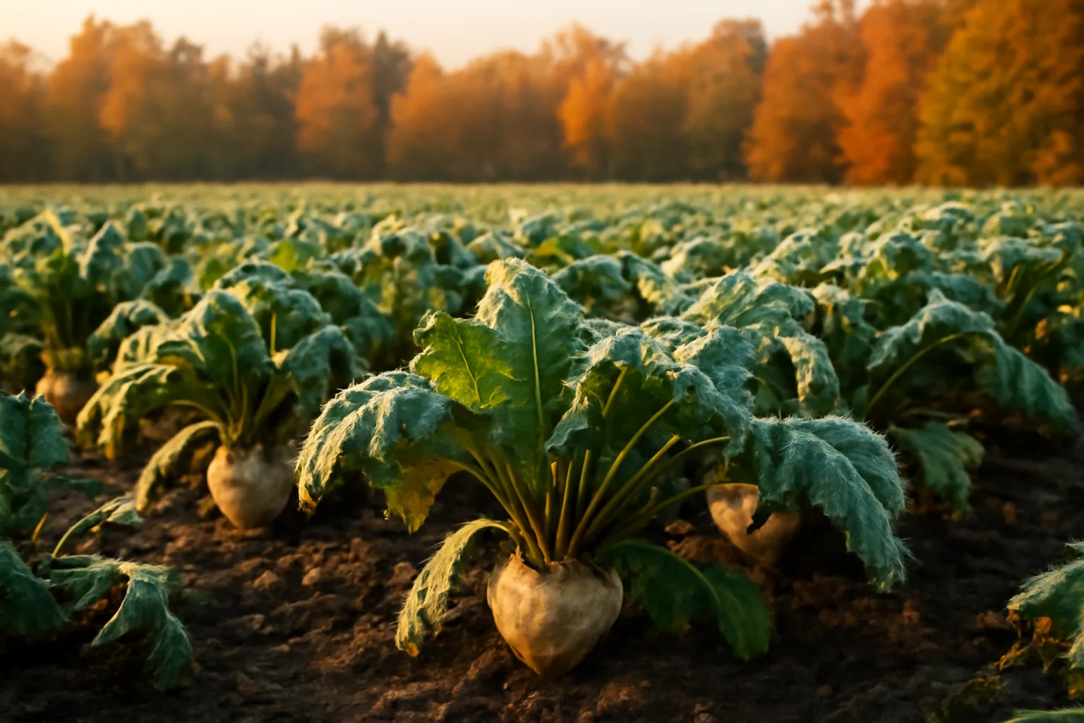 Rows of sugar beets with frost-touched leaves in a deer food plot at dusk