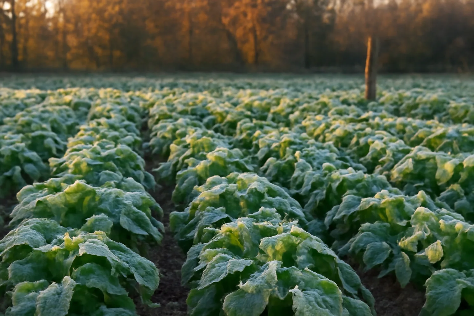 Frost-covered turnip and radish food plot rows at dusk in late fall